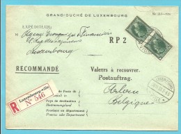 224 Op Brief "Admin. Postes /Telegraphes" Aangetekend VALEURS A RECOUVRER / POSTAUFTRAG Stempel LUXEMBOURG - Lettres & Documents