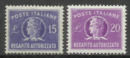 ITALIA REPUBBLICA ITALY REPUBLIC 1949 1952 RECAPITO AUTORIZZATO TURRITA SERIE COMPLETA COMPLETE SET MNH BEN CENTRATA - Steuermarken