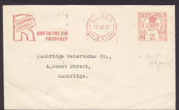 Great Britain Slogan "RG Equipping Offices? And Do The Job Properly" "N 62" LONDON 1951 Meter Cover Brief CAMBRIDGE - Affrancature Meccaniche Rosse (EMA)
