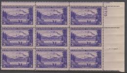 USA - 1937 Mt McKinley  Plate Block Of Nine. Scott 800. MNH ** - Numéros De Planches