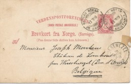 NORUEGA 1899 ENTERO POSTAL A BELGICA MAT BUREAU REEXP DE KRISTIANIA - Enteros Postales