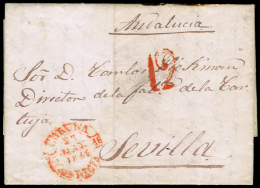 LA CORUÑA PREF.  - PE 13R - CARTA CIRC. 1844 A SEVILLA + PORTEO \"12\ - ...-1850 Prephilately