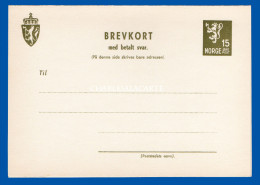 NORWAY PRE-PAID REPLY CARD UNUSED 15 ORE LION BREVKORT WATERMARK REVERSED - Interi Postali