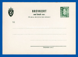 NORWAY PRE-PAID REPLY CARD UNUSED 25 ORE HAAKON VII BREVKORT  WATERMARK INVERTED - Postal Stationery