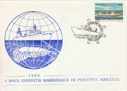 27683- KRILL FISHING SHIP IN ANTARCTICA, SPECIAL COVER, 1980, ROMANIA - Polar Ships & Icebreakers