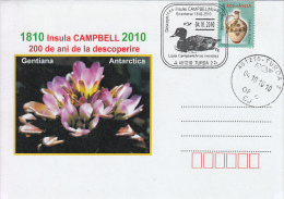 27688- CAMPBELL ISLAND, GENTIAN, CAMPBELL TEAL, SOUTH POLE, SPECIAL COVER, 2010, ROMANIA - Fauna Antártica