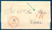 1850 GALICIA , ENVUELTA CIRCULADA ENTRE CORUÑA Y CÁDIZ, BAEZA CORUÑA EN ROJO, PORTEO, LLEGADA - ...-1850 Prefilatelia