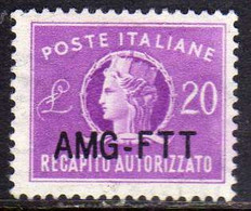 TRIESTE A 1954 AMG - FTT NUOVO TIPO DI SOPRASTAMPA ITALY OVERPRINTED NEW TYPE RECAPITO AUTORIZZATO LIRE 20 MNH CENTRATO - Revenue Stamps