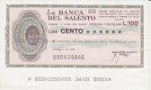 MINIASSEGNO  1976 LIRE 100 BANCA DEL SALENTO LECCE - [10] Assegni E Miniassegni