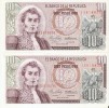 PAREJA CORRELATIVA DE COLOMBIA DE 10 PESOS DE ORO DEL AÑO 1967 (BANK NOTE) SIN CIRCULAR-UNCIRCULATED - Colombie