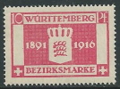 1916 GERMANIA ANTICHI STATI WURTTEMBERG TRONO 10 P MH * - W247 - Nuovi