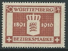 1916 GERMANIA ANTICHI STATI WURTTEMBERG TRONO 50 P MH * - W247 - Nuovi
