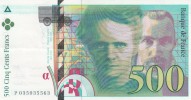 - BILLETS - 500 F - PIERRE ET MARIE CURIE - 1995 - N° P 35035563 - 500 F 1994-2000 ''Pierre En Marie Curie''