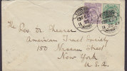 India COONOOR 1907 Cover Brief Reverent SHEARER In NEW YORK United States USA King Edward VII. Stamps - 1902-11 King Edward VII