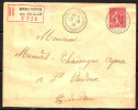 Lettre RECOMMANDEE   De CHARBONNIERES Les VIEILLES  Puy De Dome Semeuse 85c Rouge   SEUL S LETTRE Cachet PERLE 1924 - 1906-38 Semeuse Camée