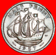 * SHIP (1937-1970): GREAT BRITAIN HALF PENNY 1957 CALM SEA! RARE! ELIZABETH II (1953-2022) LOW START NO RESERVE! - C. 1/2 Penny