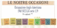 ANNO 1943 - SASS.1/9 -OCCUPAZIONE ANGLO AMERICANA - SICILIA 9 VALORI ** NUOVI  - - Occup. Anglo-americana: Sicilia