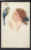 WOMAN WITH PARROT SIGNED USABAL OLD POSTCARD #137 - Usabal