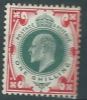 GB 1902-10  KING EDWARD VII MNH  1 SH- DULL GREEN & SCARLET SG 259, MI 114A, IV 117A, SC 138A - Neufs