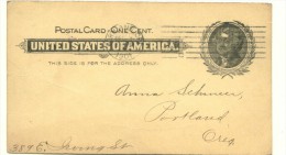 ** VERY OLD POSTAL CARD USA 1901, Stationery 1c, JEFFERSON Portland To Portland - 1901-20