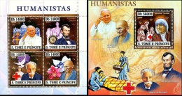 S. Tomè 2006, J, Paul II, Lincoln, Schweitzer, Red Cross, Rotary, Gandhi, Orchids, Mother Teresa, 4val In BF +BF GOLD - Albert Schweitzer