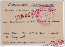 Au Plus Rapide Carte Invitation Cheminots Catholiques Nantes 20 Juin 1937 Chemin Fer Religion Cheminot Evêque De Nantes - Spoorweg