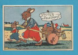 CPSM Fantaisie Lapin Rabbit Habillé Chariot Oeufs Position Humaine Humanisé Pâques - Geklede Dieren