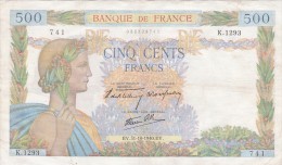 - BILLETS - 500 F - LA PAIX - EV .31 - 10 - 1940 . EV - N° K . 1293 - 741 - - 500 F 1940-1944 ''La Paix''