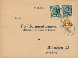 POSTAU - 1922 , An Die Versicherungskammer Abteilung Für Hagelversicherung München - Oficial