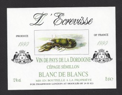 Etiquette De Vin  De Pays De La Dordogne 1990  -  L'Ecrevisse  -  Thème Poisson  - - Fishes