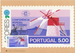 PORTUGAL-Açores :Carte Maximum Conférence Mondiale Du Tourisme  Obl Illustrée  Avec Un Moulin - Tarjetas – Máximo