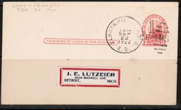 U.S.A.    1922 POSTAL CARD W/ELROY & PIERE R.P.O. Cancel"---(Sep/22/1922) - Marcophilie