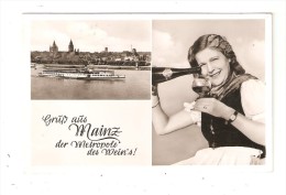 CPA  MAINZ Grüss Aus MAINZ Der Meropole Des Wain's ! Vue Bateau + Ville & Femme Avec Une Bouteille - Mainz