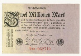 GERMANIA -  REICHSBANKNOTE 2 MILLIONEN Mark 1923 - PERIODO INFLAZIONE - 9AF 052740 - STAMPA SOLO AL VERSO - SPL - 2 Mio. Mark