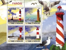 S. Tomè 2008, Lighthouses, Birds, 4val In BF - Marine Web-footed Birds