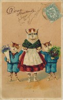 FANTAISIE ANIMAUX HUMANISES HABILLES Relief GAUFREE : Trois Chats Skiant Pour Un Doux Souvenir - Dressed Animals