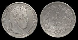 LOUIS - PHILIPPE I . 5 FRANCS . TÊTE LAUREE . 1834 I . ( LIMOGES ). TRANCHE EN RELIEF . - 5 Francs