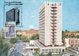 TOURISM, TIMISOARA CONTINENTAL HOTEL, CAR, 1989 REVOLUTION, CM, MAXICARD, CARTES MAXIMUM, 1991, ROMANIA - Hotels, Restaurants & Cafés