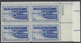 Plate Block -1957 USA Oklahoma Statehood 50th Anniv. Stamp Sc#1092 Map Arrow Atom Archery - Plate Blocks & Sheetlets