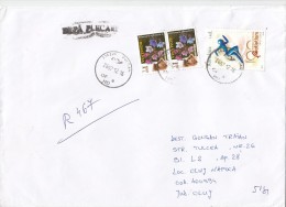 3028FM- FLOWERS, BEAR, ATHLETICS, STAMPS ON REGISTERED COVER, 2012, ROMANIA - Covers & Documents