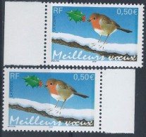 [08] Variété : N° 3621 Rouge-gorge Jaune-orange Au Lieu D'orange + Normal ** - Unused Stamps