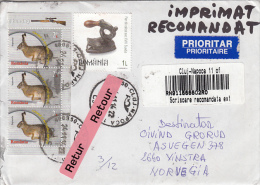 31527- RABBIT, OLD IRON, STAMPS ON REGISTERED COVER, 2014, ROMANIA - Storia Postale