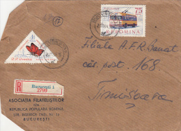 31678- BUSS, TROLLEY BUSS, BUTTERFLY, FISH, SILK MOTH, PLANE, SWIMMING, CATERPILLAR, STAMP ON REGISTERED COVER, 1964, RO - Bus