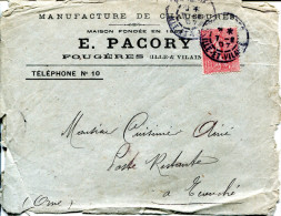 Enveloppe Illustrée  Manufacture De Chaussures E. Pacory à Fougères - 1907 - Surcharge Poste Restante - 1877-1920: Periodo Semi Moderno
