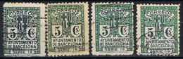 4 Sellos Recargo Ayuntamiento Barcelona, Variedad Color. Num 9-9a-9b-9c º - Barcelone