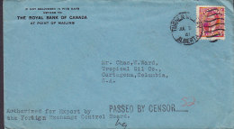 Canada THE ROYAL BANK OF CANADA, TURNER VALLEY Alberta 1941 Cover Lettre CARTAGENA Columbia PASSED CENSOR (2 Scans) - Covers & Documents