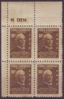 1952-195 CUBA. REPUBLICA. 1952. Ed.513. 10c. CH HERNANDEZ  BLOCK 4 No. PLATE 978. MNH - Usati