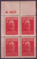 1952-199 CUBA. REPUBLICA. 1952. Ed.506. 2c. CH HERNANDEZ BLOCK 4 No. PLATE 963. MNH - Usati