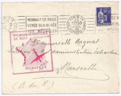 FRANCE - LETTRE PARIS MARSEILLE 1939 1ERE LIAISON AEROPOSTALE DE NUIT - BELLE FLAMME MONNAIE DE PARIS - 1927-1959 Briefe & Dokumente