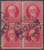 1917-227 CUBA. REPUBLICA. 1917. PATRIOTAS. 2c. MAXIMO GOMEZ  REGISTERED CANCEL BLOCK - Oblitérés